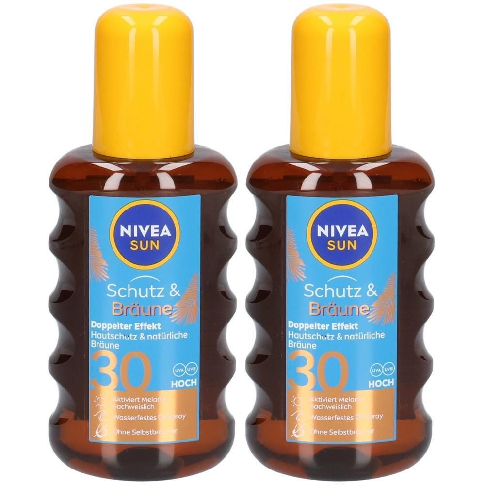 Zwei NIVEA SUN Schutz & Bräune Öl-Spray Flaschen mit gelben Verschlüssen. LSF 30.
