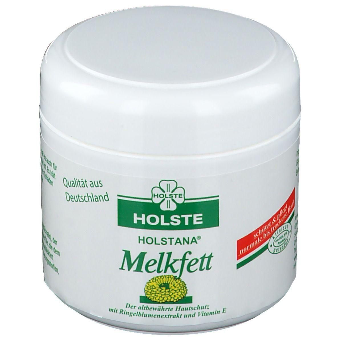 Weiße Dose mit HOLSTE HOLSTANA Melkfett Aufschrift und Ringelblumenextrakt und Vitamin E.