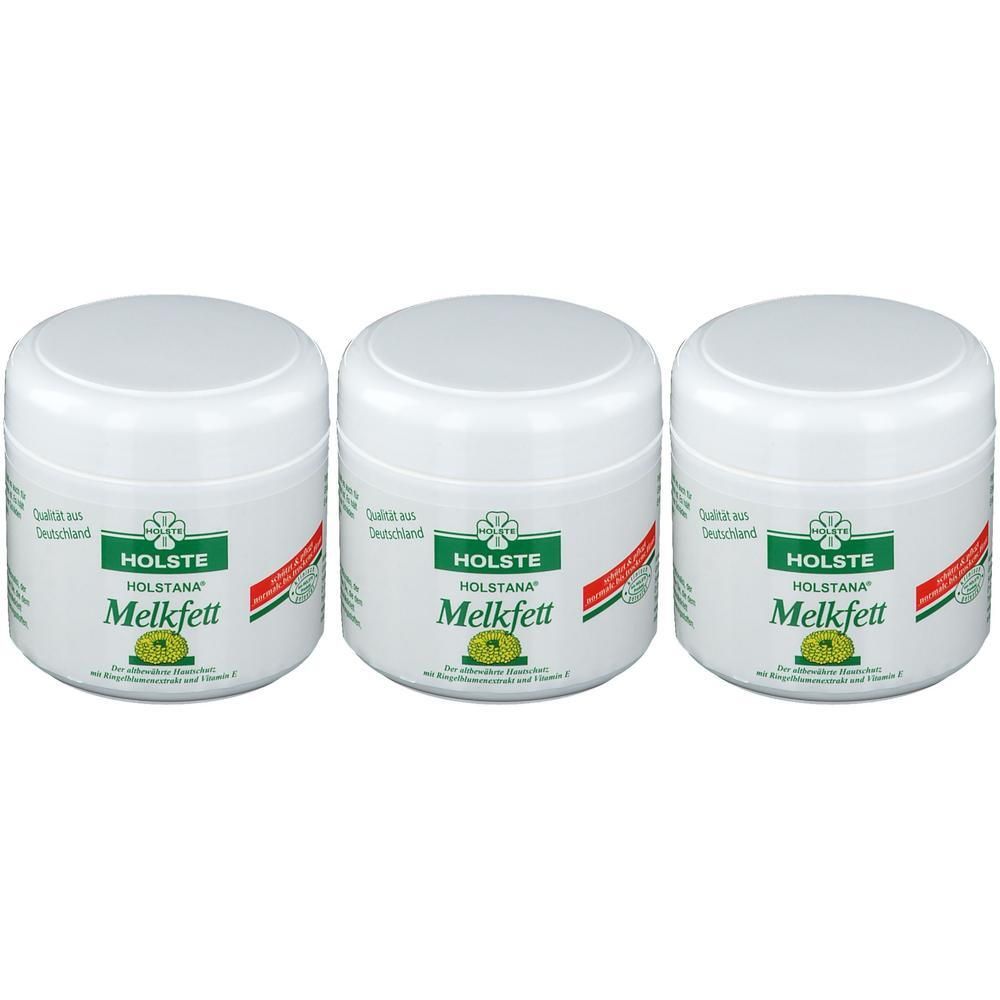 Drei weiße Tiegel mit HOLSTE HOLSTANA Melkfett. Grüne Etiketten mit rotem und weißem Streifen.