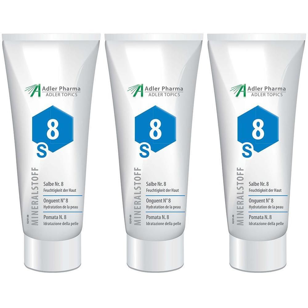 Drei Tuben MINERALSTOFF Salbe Nr. 8 von Adler Pharma mit blauem Achteck-Symbol und der Zahl 8.