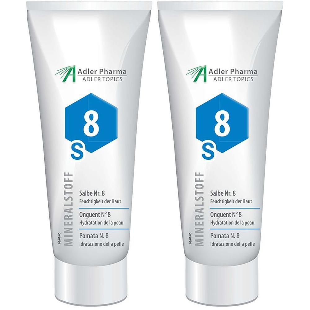 Zwei Tuben MINERALSTOFF Salbe Nr. 8 von Adler Pharma mit blauem Sechseck-Logo und der Zahl 8.