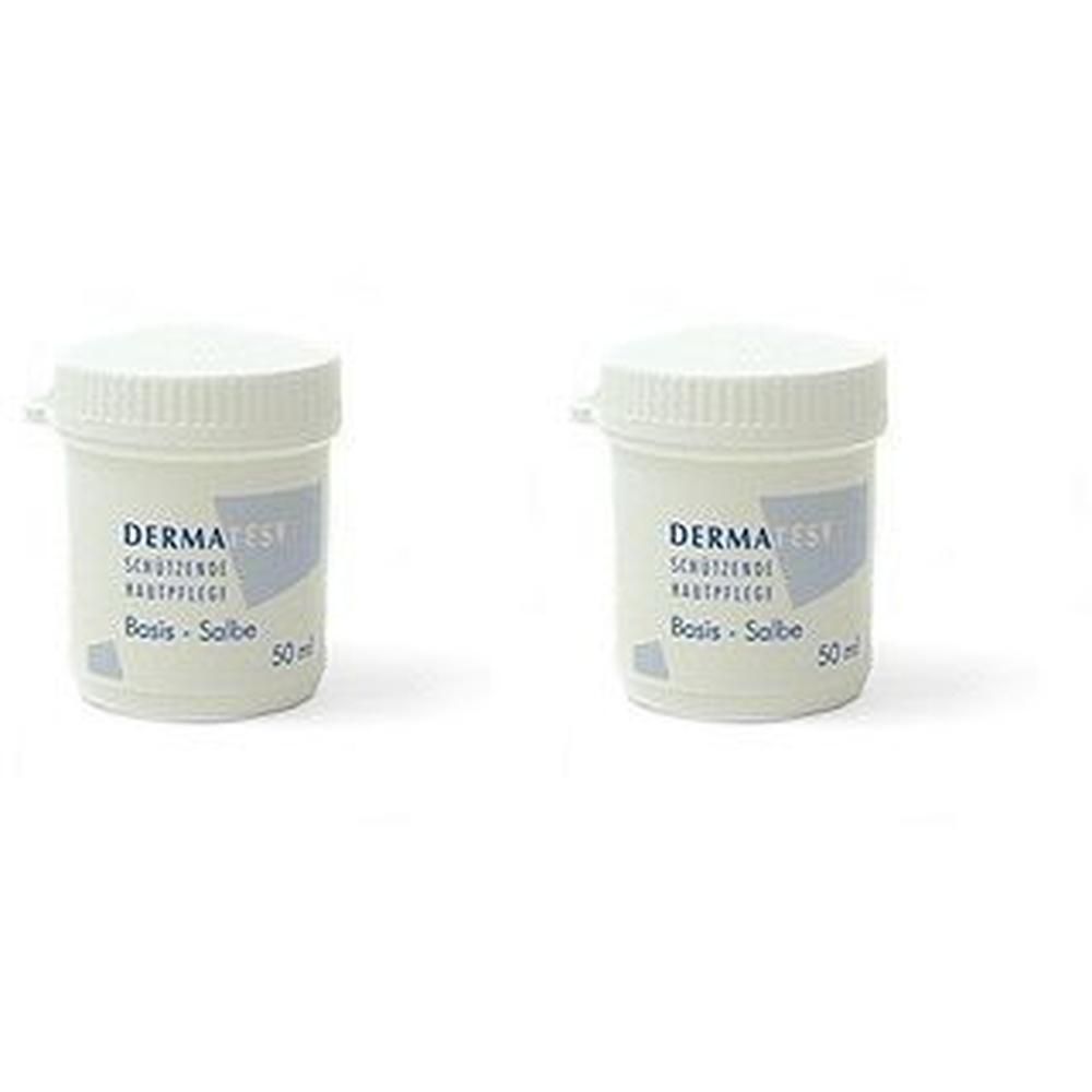 Zwei weiße Tiegel mit weißem Deckel, beschriftet mit 'DERMATEST SCHÜTZENDE HAUTPFLEGE Basis-Salbe 50ml'.