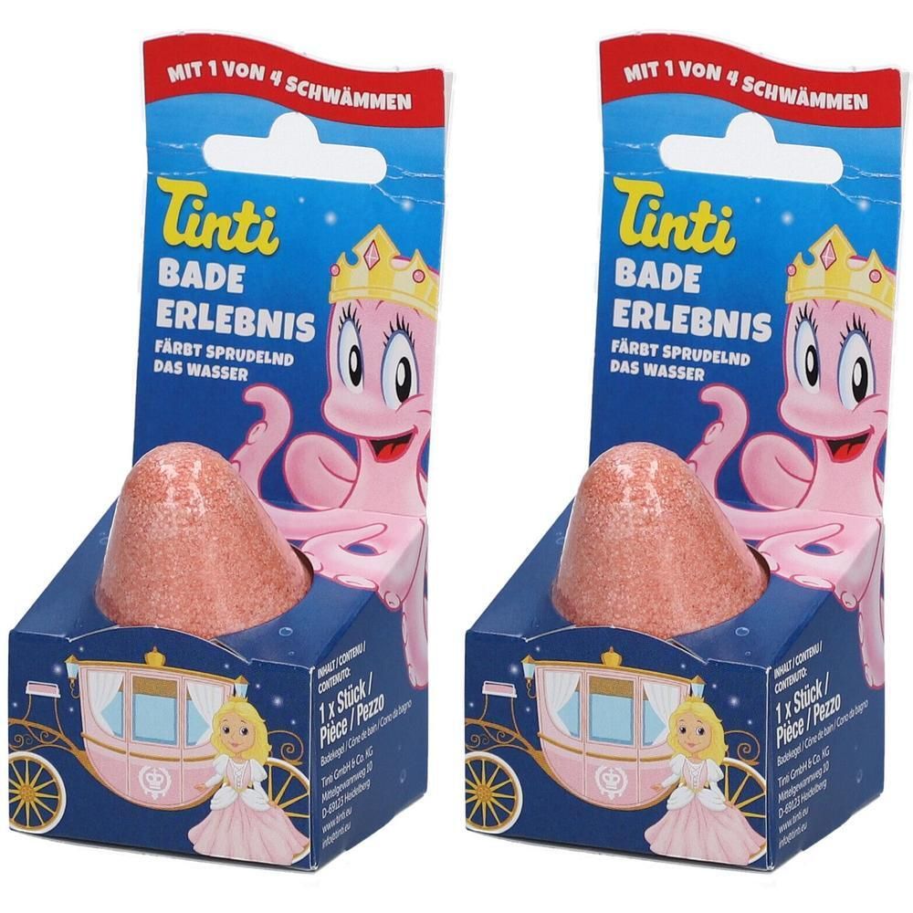 Zwei Packungen Tinti Bade Erlebnis mit je einem sprudelnden Badezusatz in Kegelform, orangefarben.