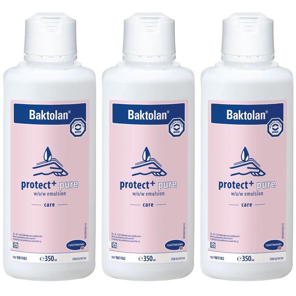 Drei weiße Flaschen Baktolan protect+ pure Handdesinfektionsmittel, jeweils 350ml.