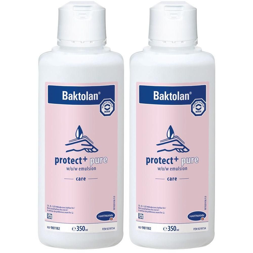 Zwei weiße Flaschen Baktolan protect+ pure w/o/w Emulsion, 350ml.