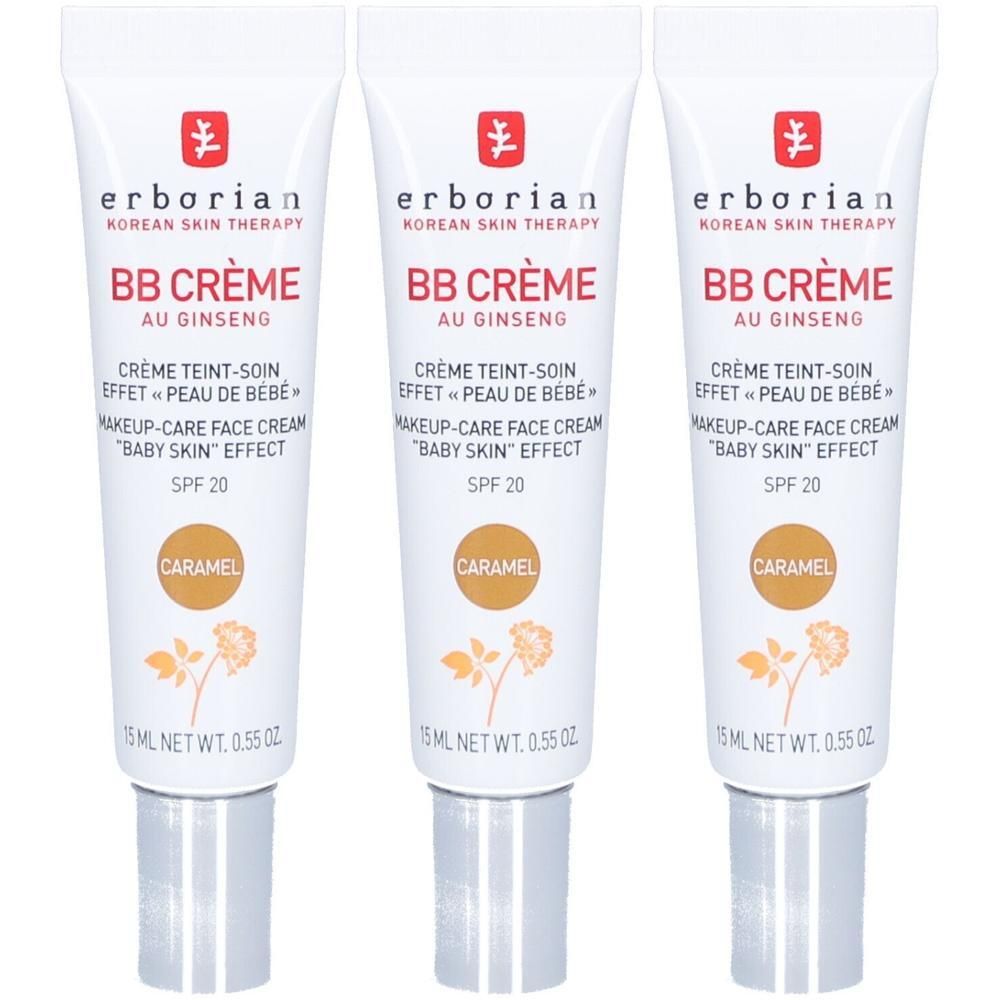 Drei Tuben Erborian BB Creme Caramel mit SPF 20. Jede Tube enthält 15 ml.