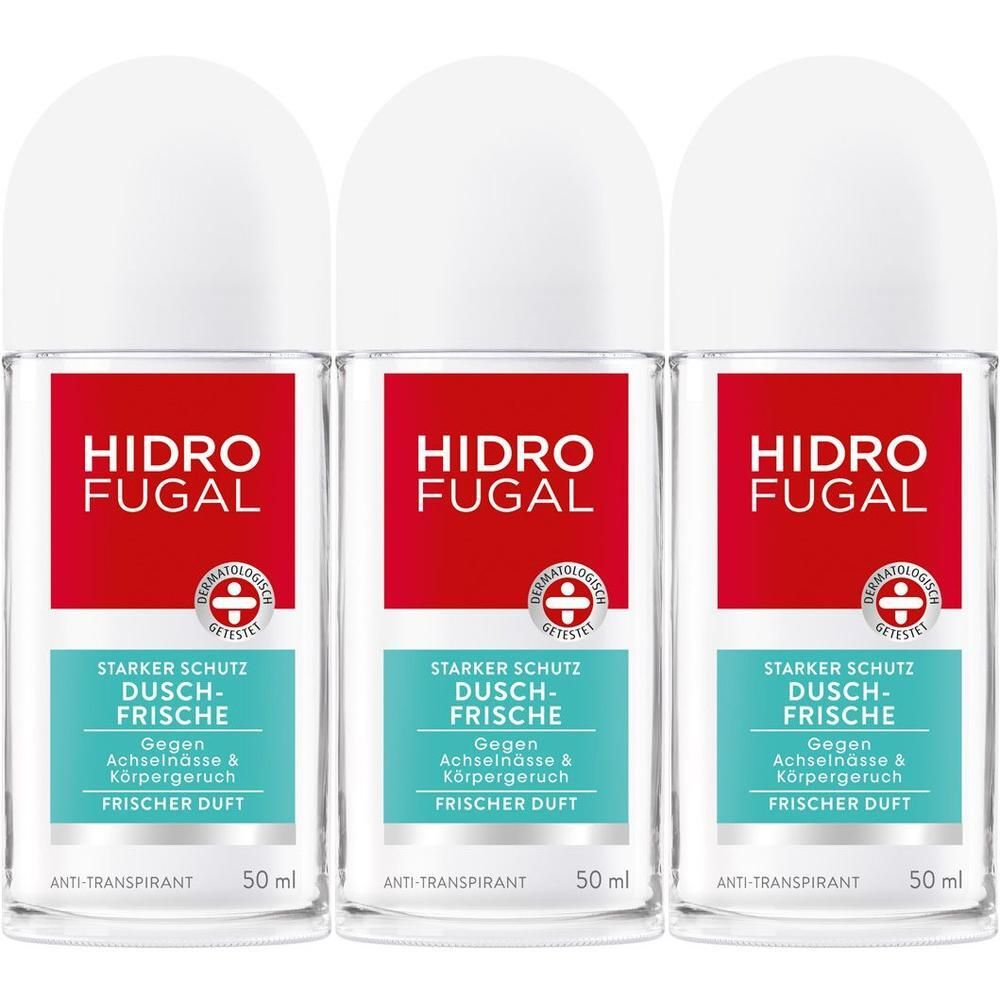 Drei Hidrofugal Duschfrische Roll-Ons mit je 50 ml Inhalt. Starker Schutz gegen Achselnässe und Körpergeruch.