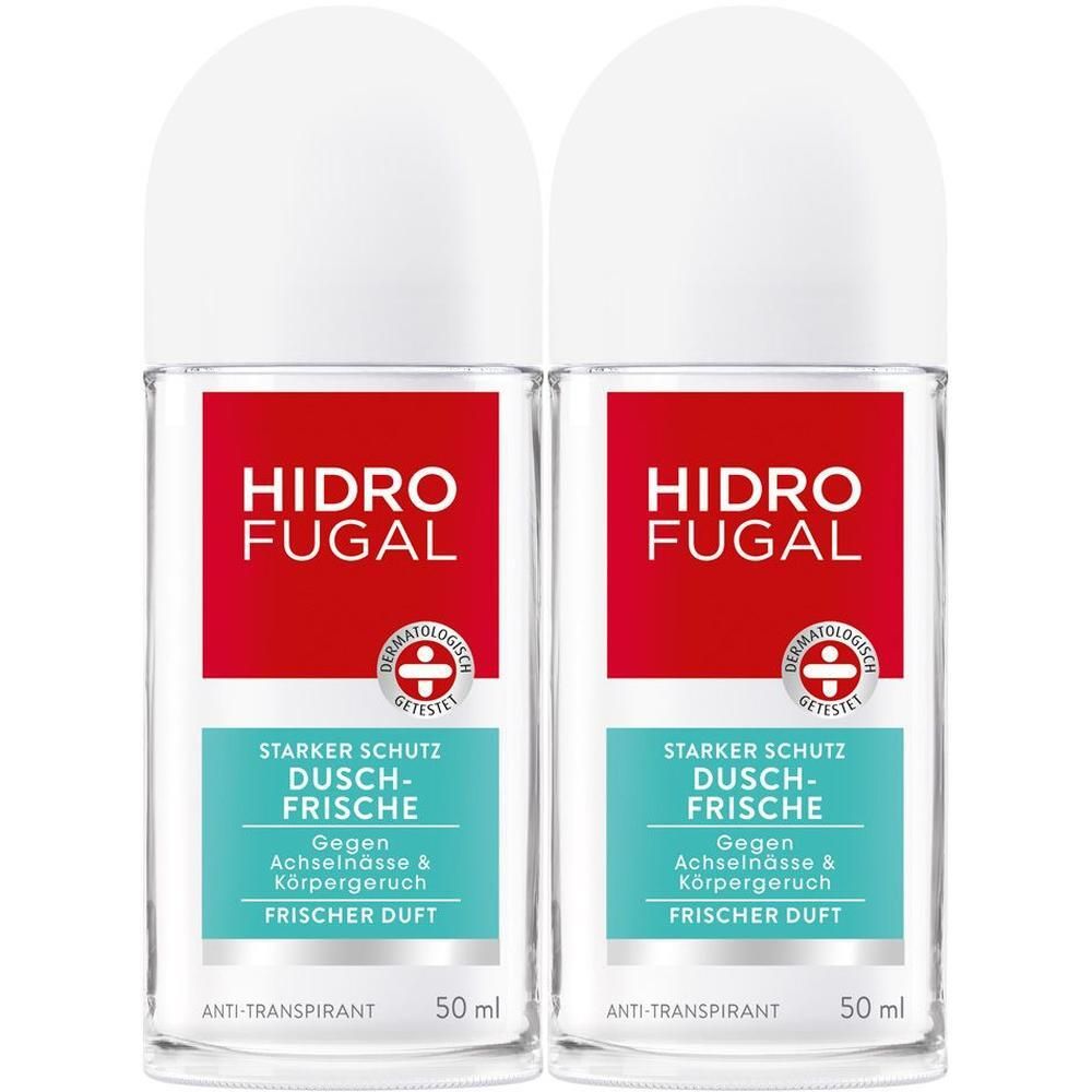 Zwei Hidrofugal Dusch-Frische Roll-Ons, je 50 ml, mit dermatologisch getestetem Schutz.
