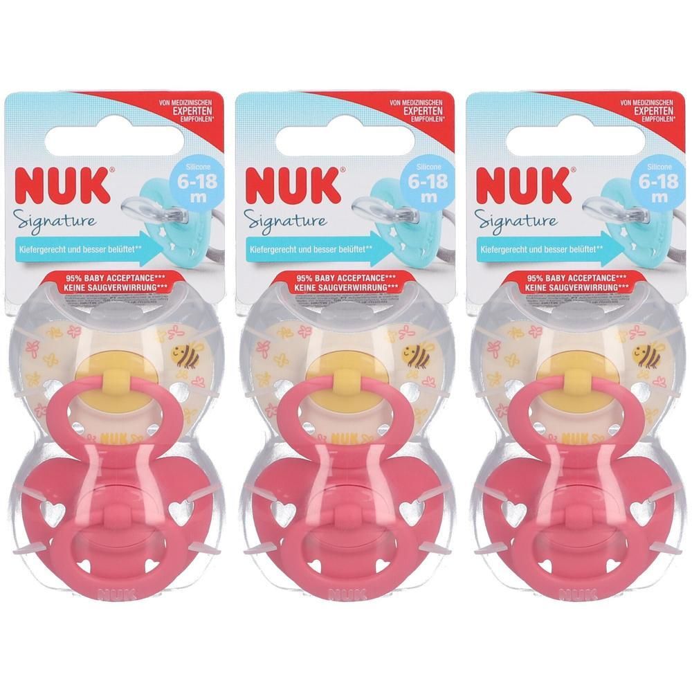 Drei NUK Signature Schnuller 6-18 Monate in Rosa mit Bienenmotiv, im Blister verpackt.