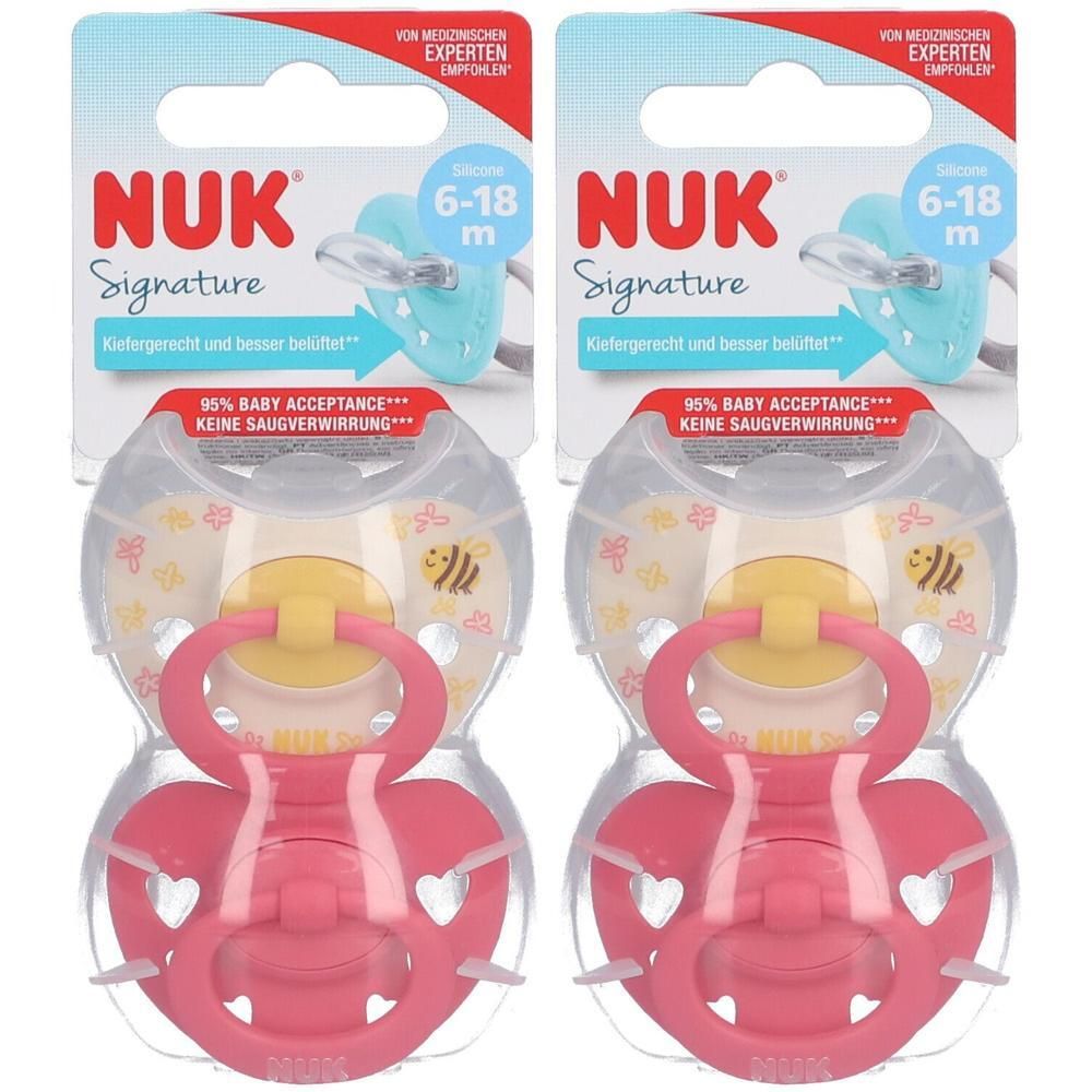 Zwei NUK Signature Schnuller für 6-18 Monate, rosa mit Bienenmotiv, kiefergerecht.