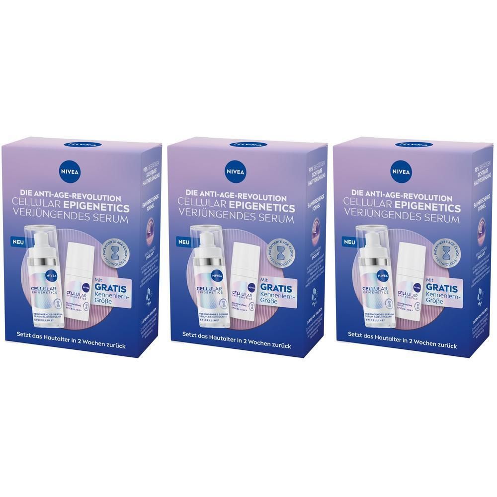 Drei NIVEA CELLULAR Epigenetics Verjüngendes Serum Geschenksets nebeneinander.
