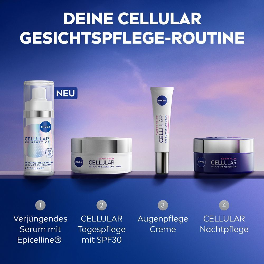 NIVEA CELLULAR Gesichtspflege-Routine: Serum, Tages-, Augen-, Nachtpflege.