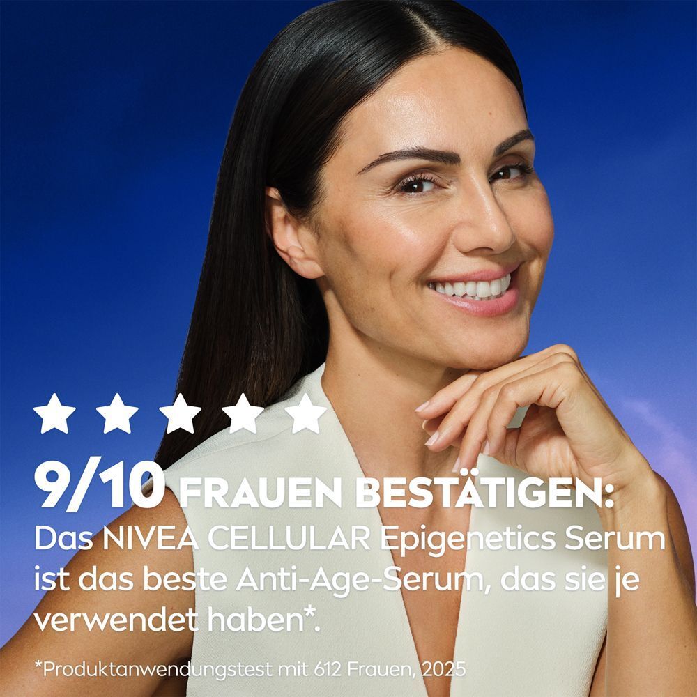 Frau lächelt, 9/10 bestätigen NIVEA CELLULAR Serum als bestes Anti-Aging.