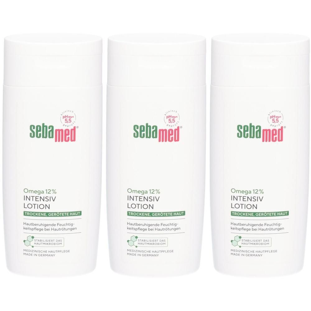Drei weiße Sebamed Intensiv Lotion Omega 12% Flaschen mit Beschriftung.
