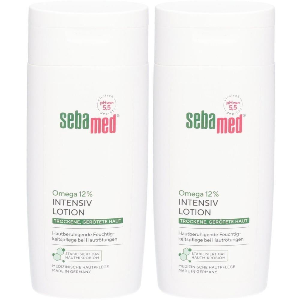 Zwei weiße Flaschen Sebamed Intensiv Lotion Omega 12% für trockene, gereizte Haut. Medizinische Hautpflege.