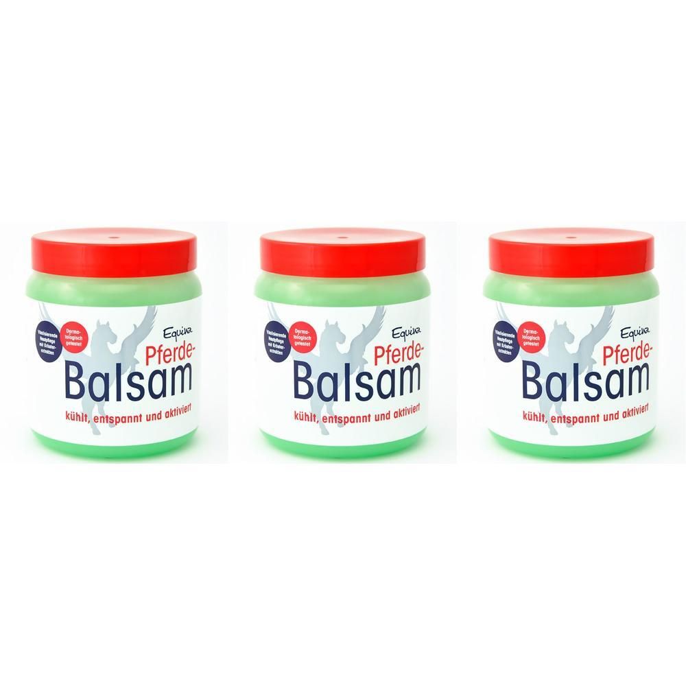 Drei grüne Tiegel mit rotem Deckel, beschriftet mit 'Pferde Balsam'.