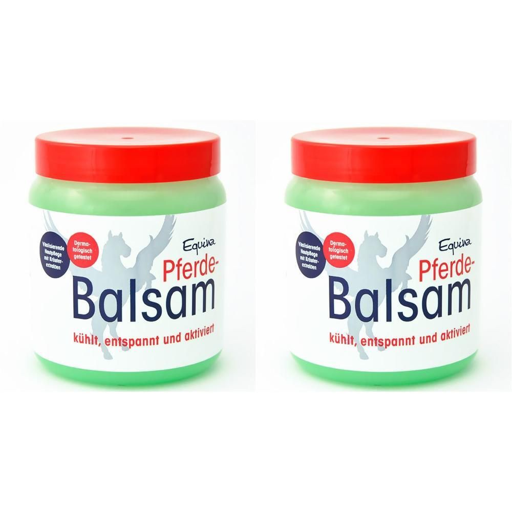 Zwei grüne Tiegel mit rotem Deckel, beschriftet mit "Equia Pferde-Balsam".