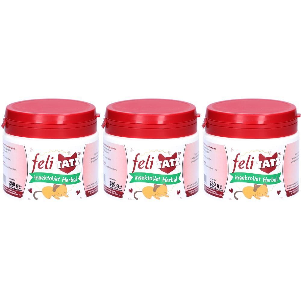 Drei Dosen FELITATZ insektoVet Herbal Ergänzungsfuttermittel Pulver für Katzen, 250g.