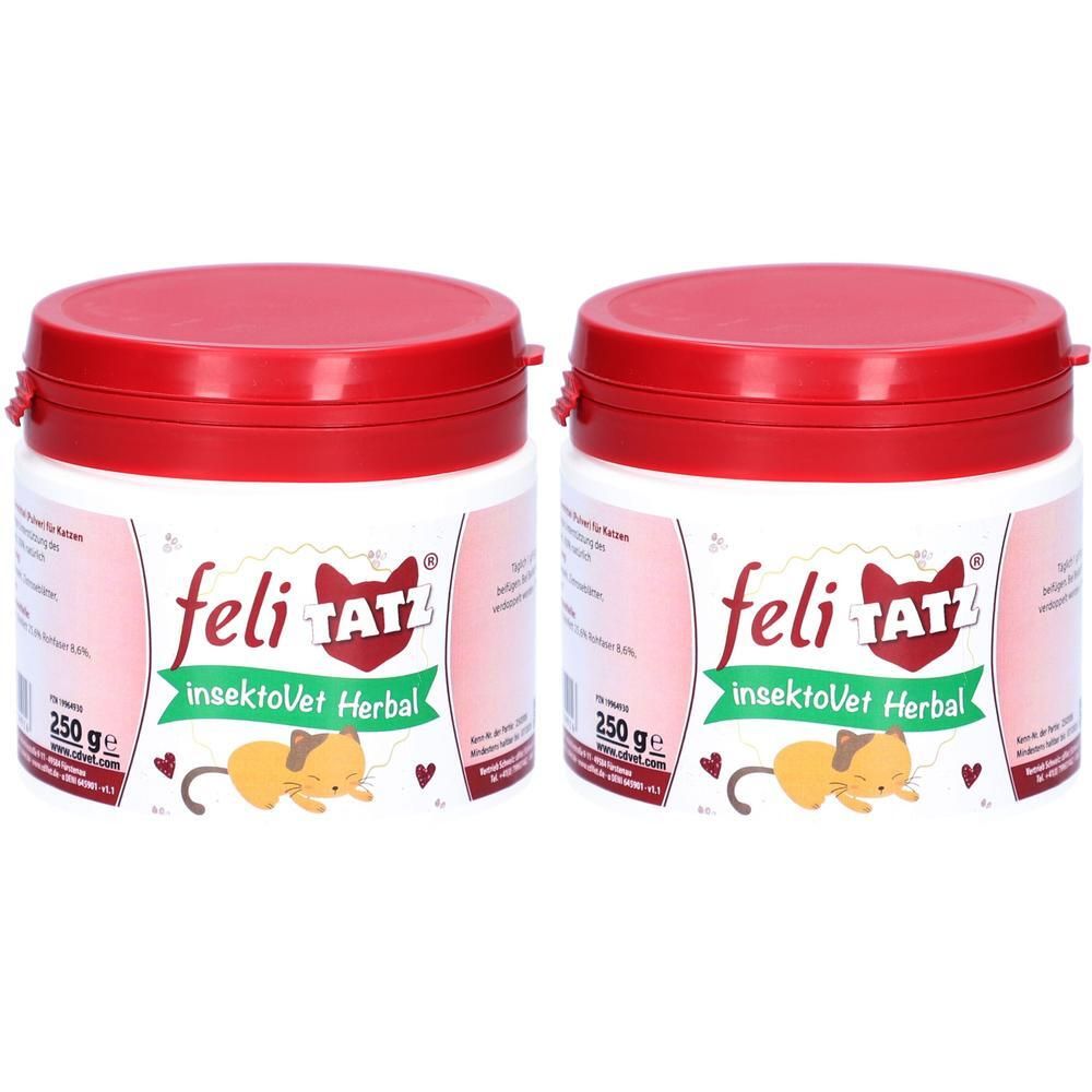 Zwei Dosen FELITATZ insektoVet Herbal Pulver für Katzen, je 250g.