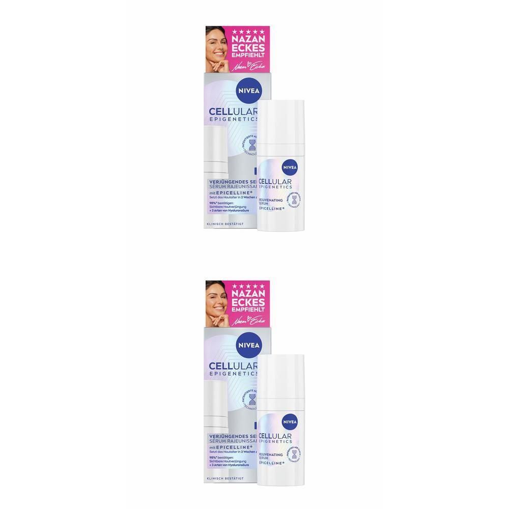NIVEA CELLULAR Epigenetics Verjüngendes Serum in weißer Flasche mit Pumpspender, im Karton.