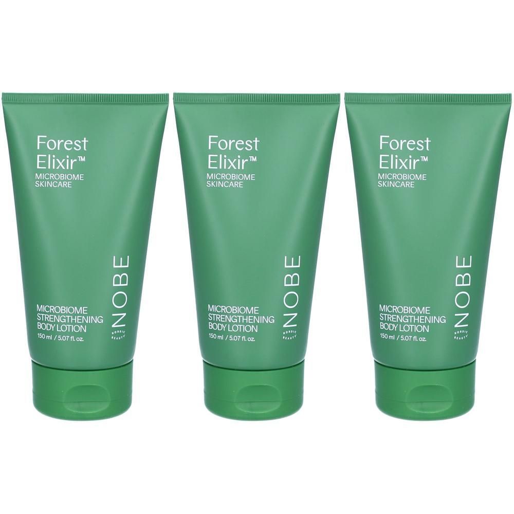 Drei grüne Tuben NOBE Forest Elixir Microbiome Strengthening Body Lotion.