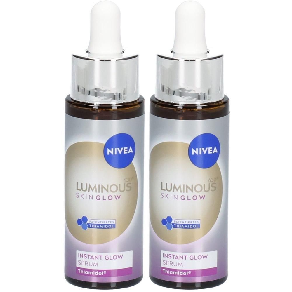Zwei NIVEA Luminous Skin Glow Instant Glow Seren mit Pipettenverschluss.