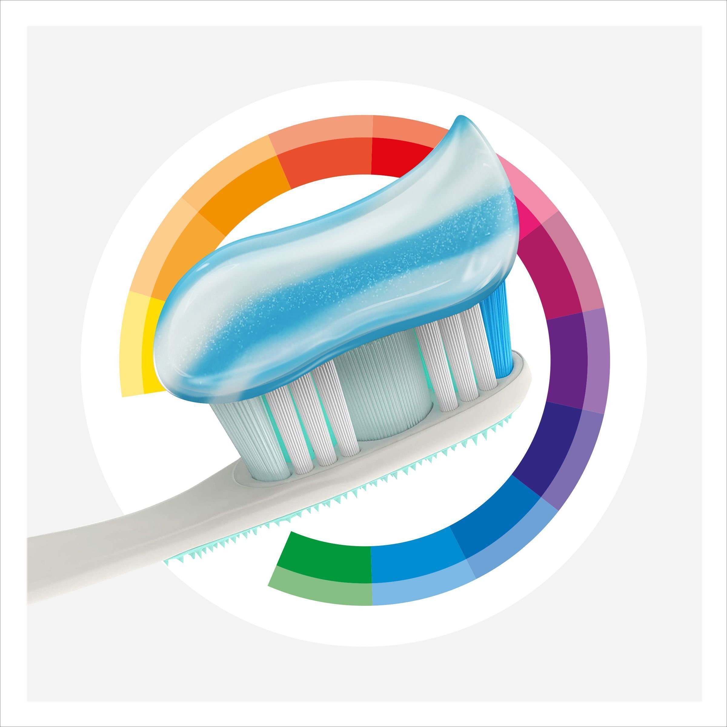 Zahnbürste mit Colgate Total Plus gesunde Frische Zahnpasta, zeigt Streifen von weißer und blauer Zahnpasta.