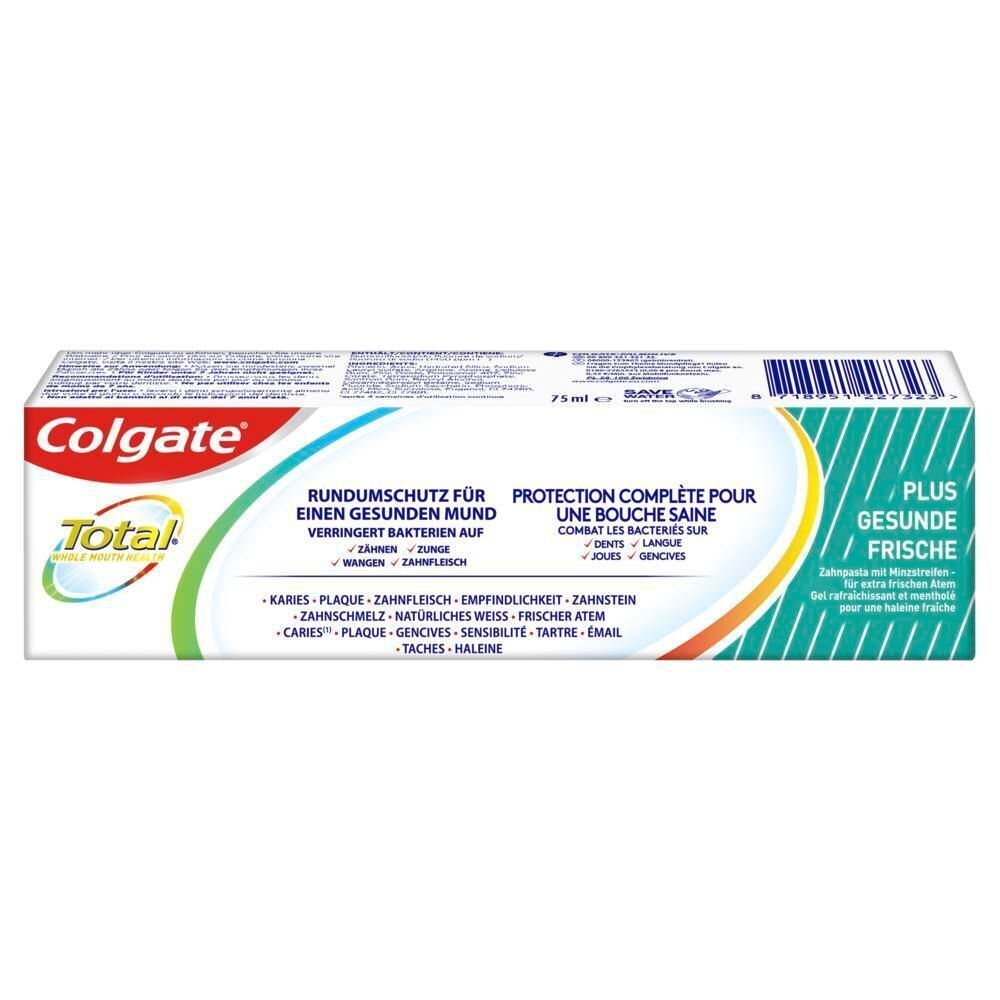 Rückseite der Colgate Total Plus gesunde Frische Zahnpasta-Verpackung mit Informationen zu Rundumschutz.