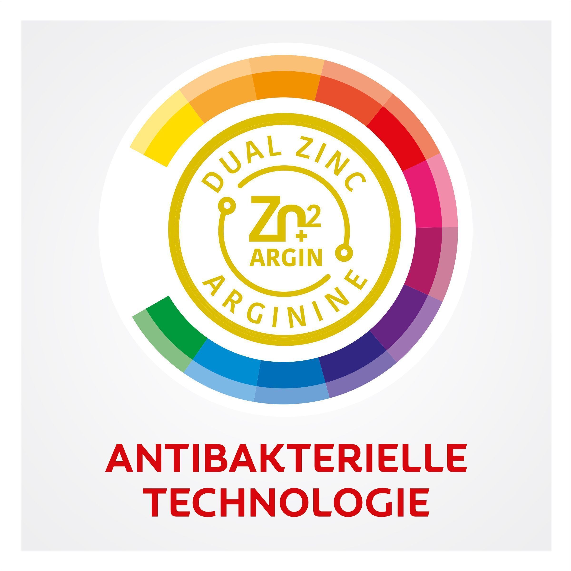 Symbol für antibakterielle Technologie mit Dual-Zink-Arginin in Colgate Total Plus gesunde Frische Zahnpasta.