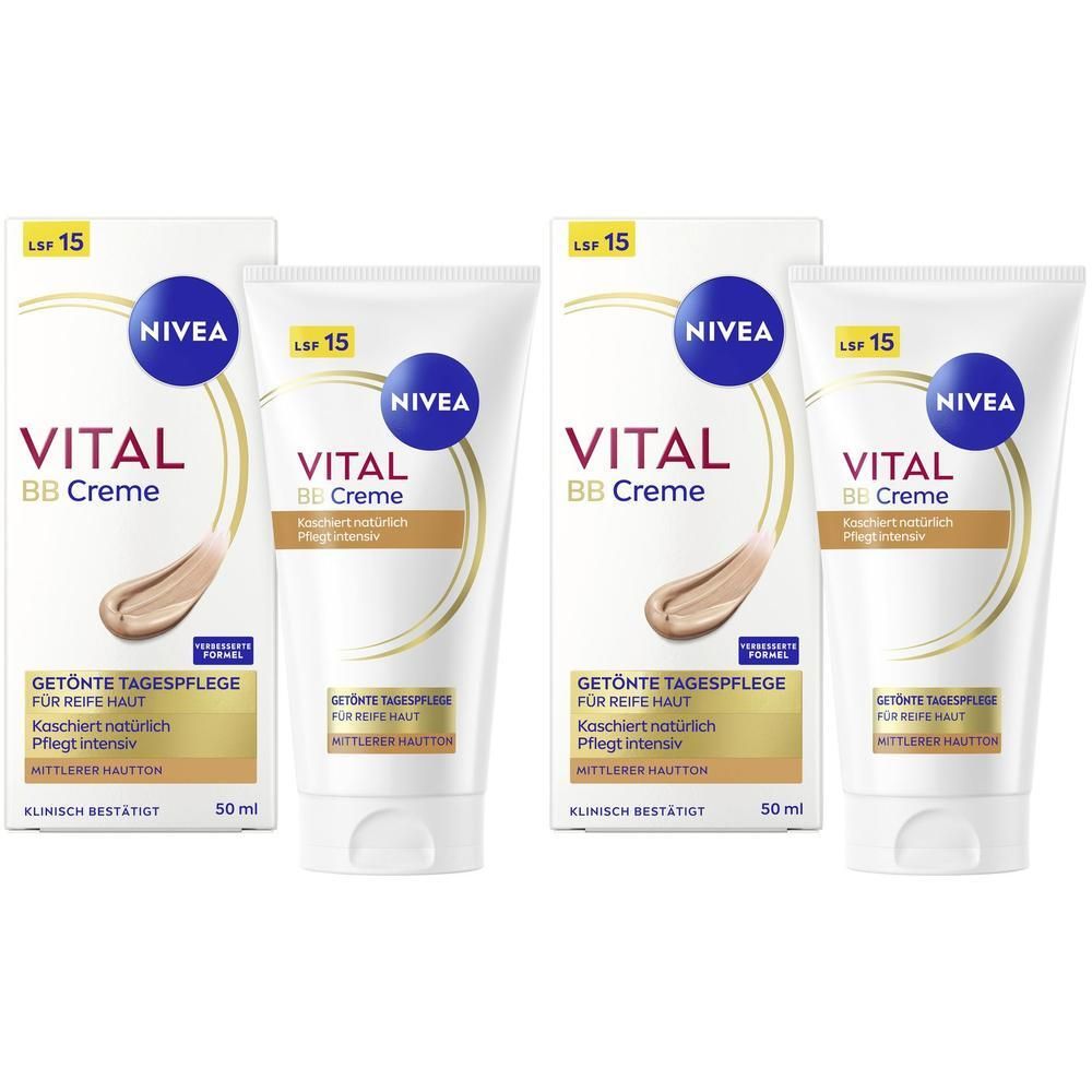 Zwei Tuben und Kartons NIVEA VITAL Getönte Tagespflege BB Creme LSF 15, 50 ml.