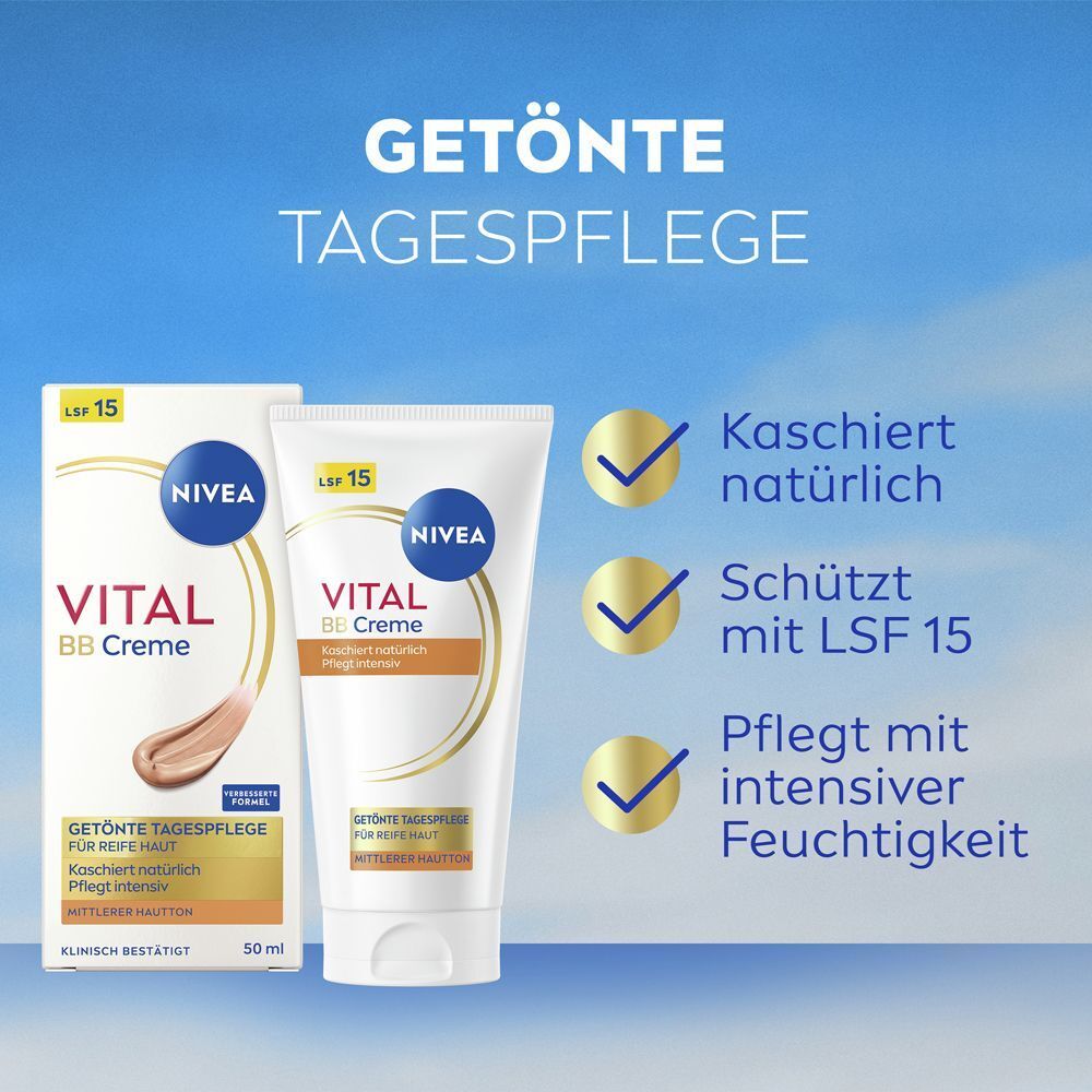 NIVEA VITAL Getönte Tagespflege BB Creme LSF 15: Kaschiert natürlich, schützt mit LSF 15, pflegt intensiv.