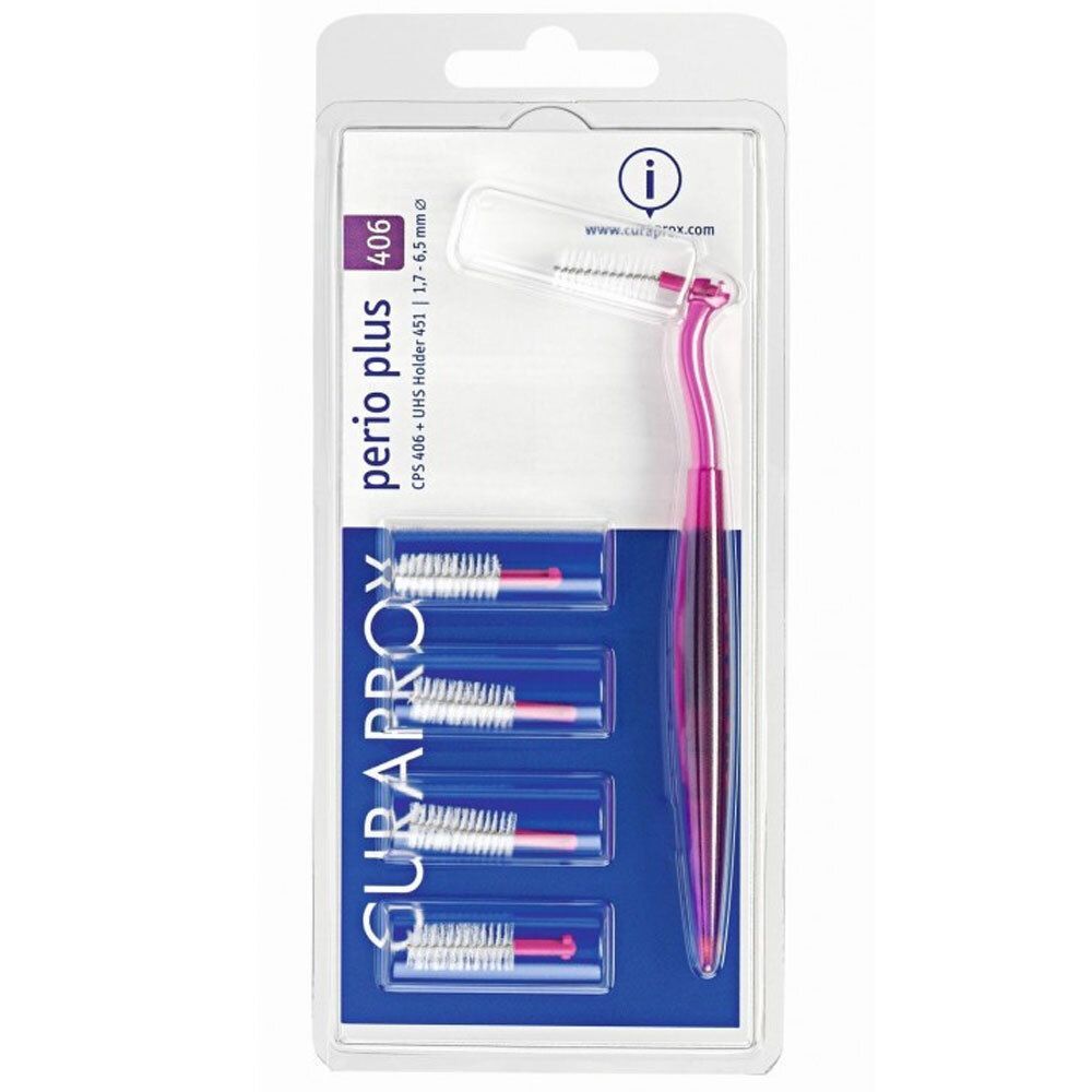 Verpackung mit einer pinken Interdentalbürste und vier Ersatzbürstenköpfen. Größe 1,7-6,5 mm.