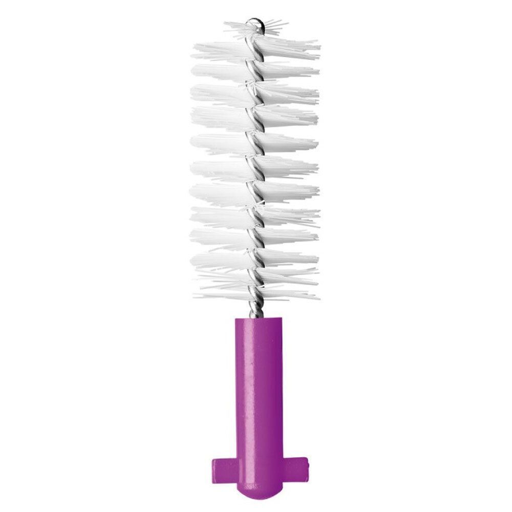 Ein einzelner Bürstenkopf einer Interdentalbürste mit lila Griff und weißen Borsten.
