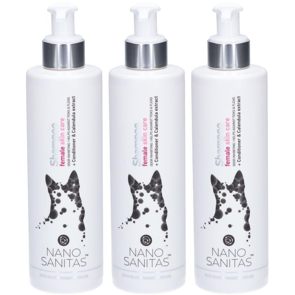 Drei weiße Pumpflaschen NanoSanitas Shampoo für Frauenhautpflege mit Hundemotiv.