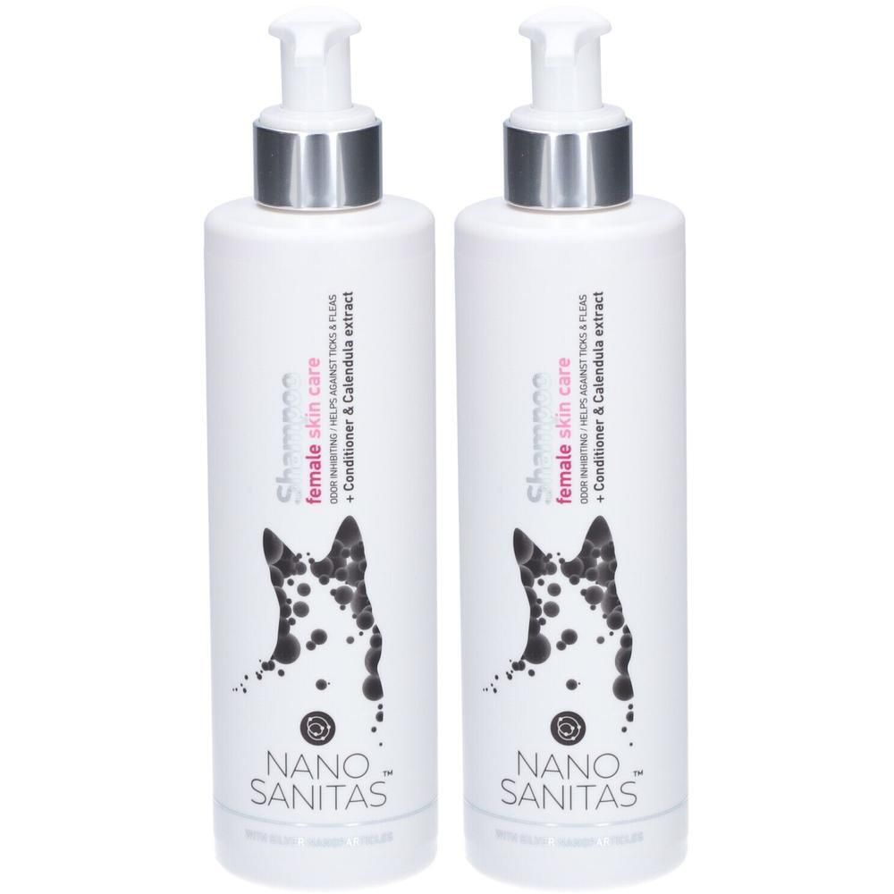 Zwei weiße Pumpflaschen mit NanoSanitas Shampoo für weibliche Hautpflege, mit Hundemotiv und Kalendula-Extrakt.