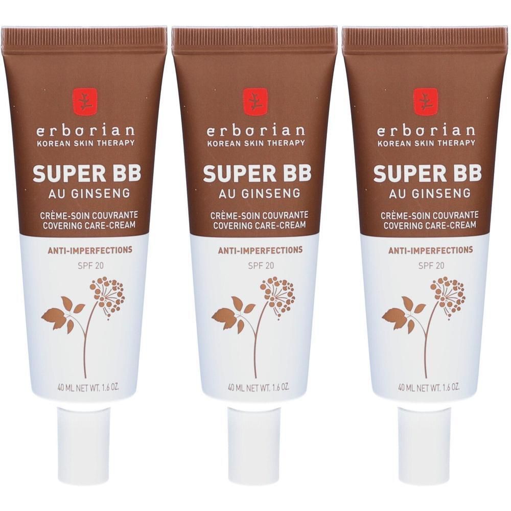 Drei Tuben Erborian Super BB mit Ginseng, SPF 20, 40 ml.
