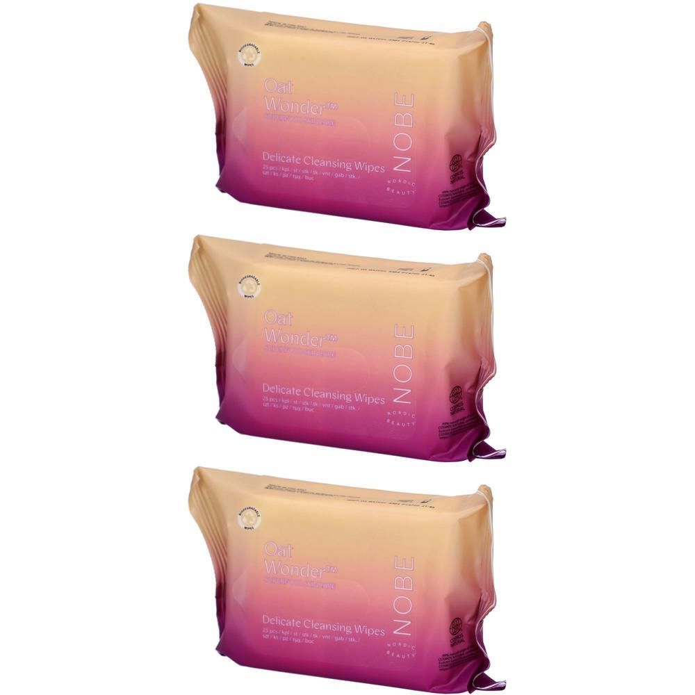 Drei Packungen NOBE® Oat Wonder® Sanfte Reinigungstücher mit Farbverlauf von Gelb zu Lila.