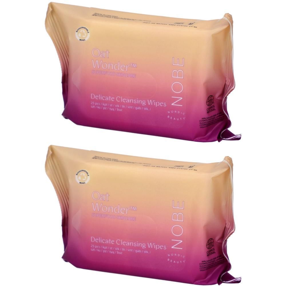 Zwei Packungen NOBE® Oat Wonder® Sanfte Reinigungstücher mit Farbverlauf von Gelb zu Rosa.