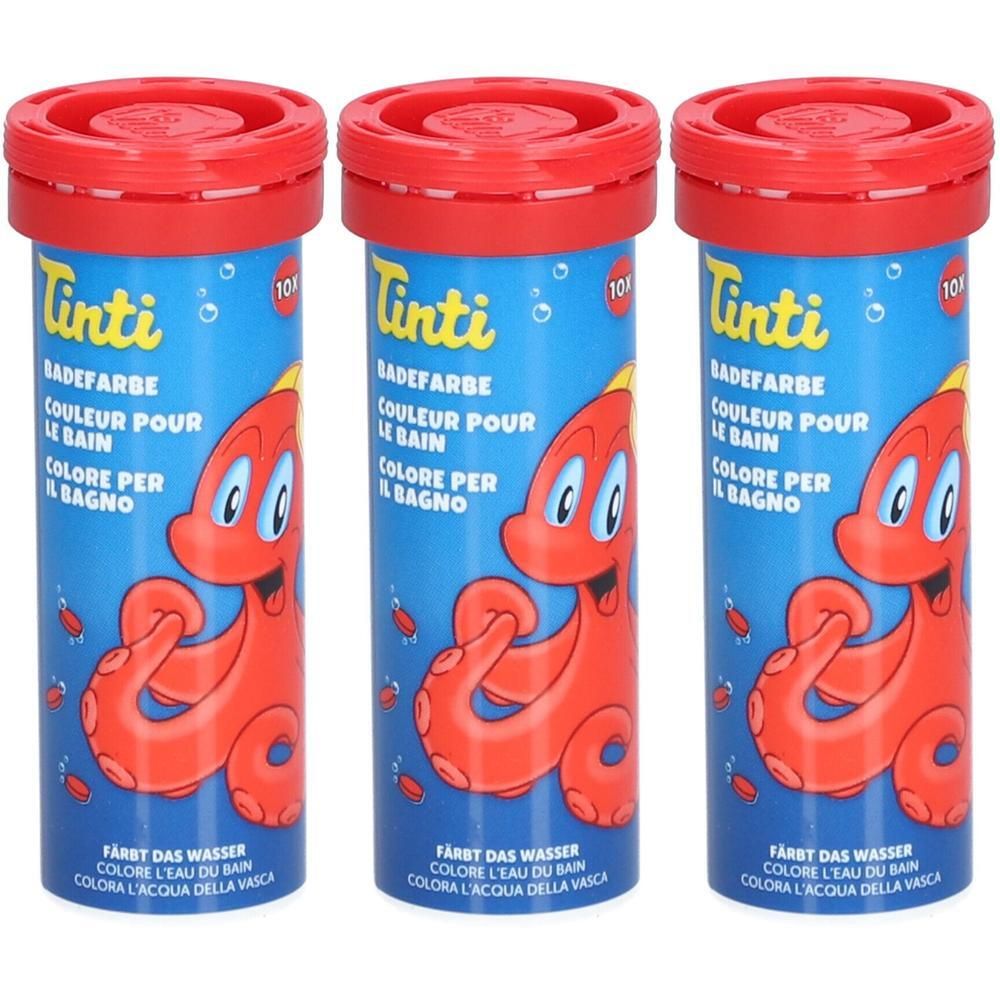 Drei Tinti Badefarbe-Behälter mit rotem Deckel und Oktopus-Motiv.