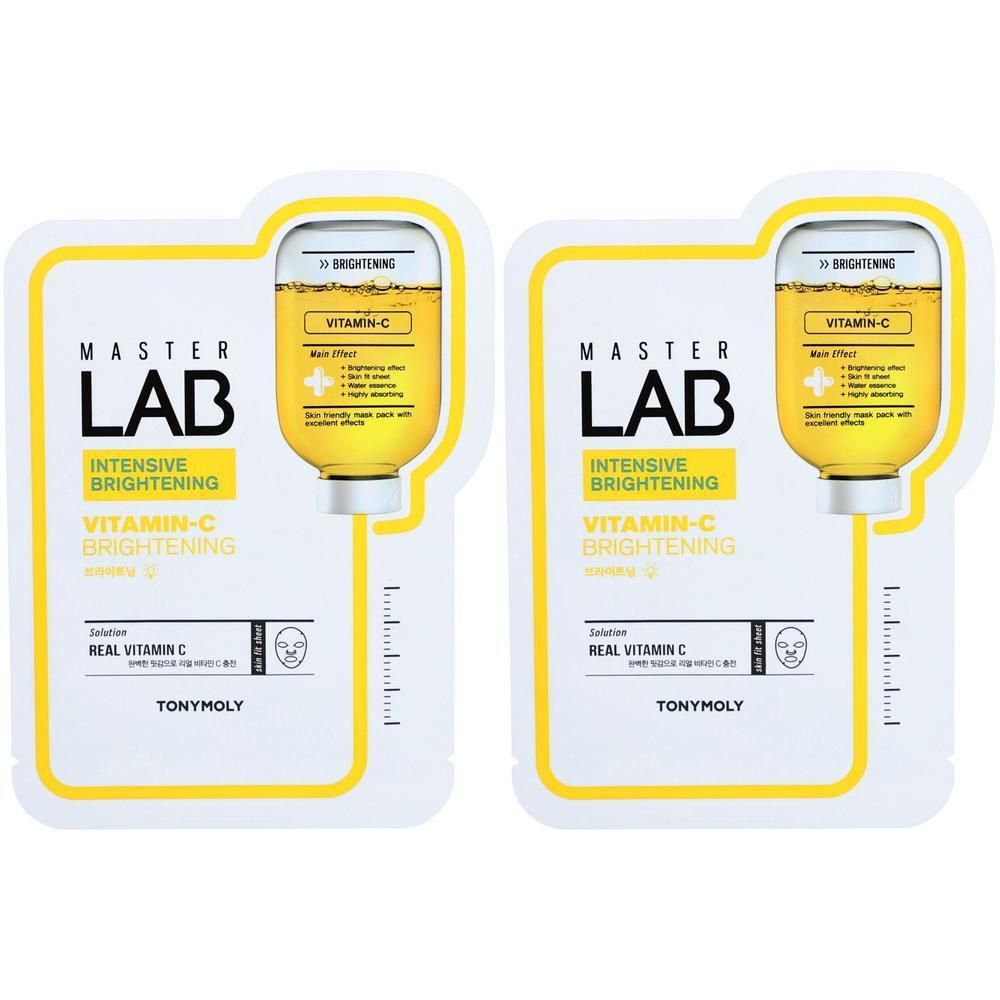 Zwei TONYMOLY Master Lab Vitamin C Gesichtsmasken-Packs mit Aufhellungs- und Straffungseffekt.