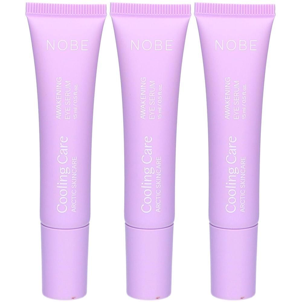 Drei lila Tuben NOBE Cooling Care Awakening Eye Serum, 15ml/0.5 fl oz.