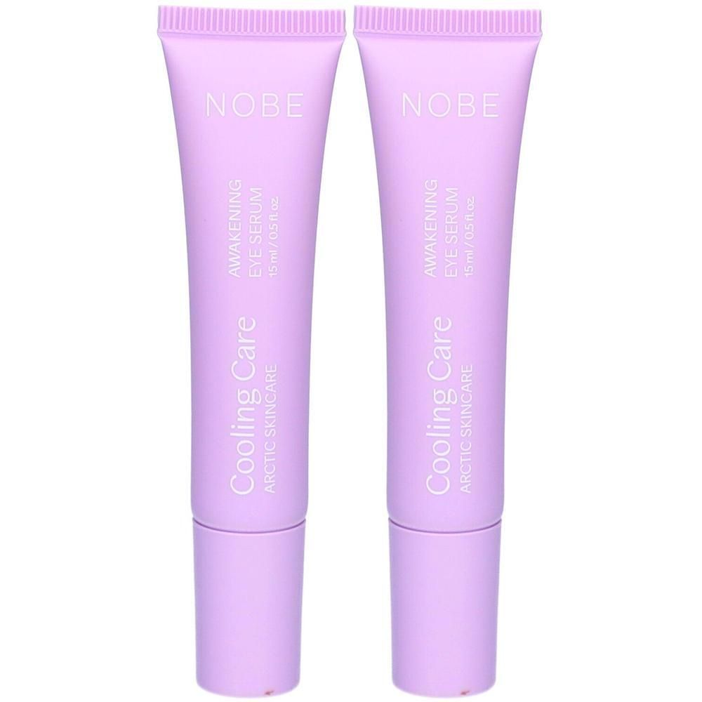 Zwei lila Tuben NOBE Cooling Care Awakening Eye Serum, 15 ml.