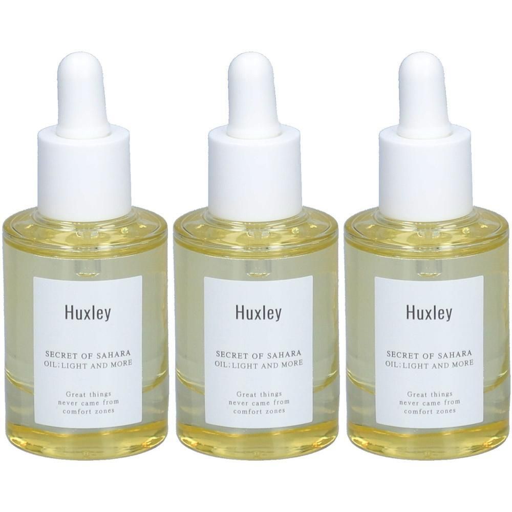 Drei Flaschen Huxley Secret of Sahara Oil Light and More mit Pipettenverschluss.