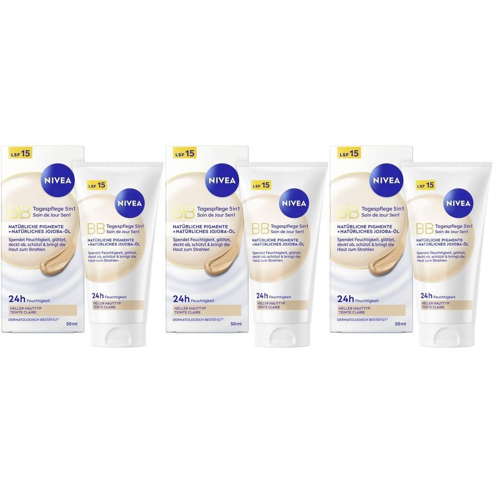 Sechs Tuben NIVEA 5in1 Tagespflege BB Hell mit LSF 15.