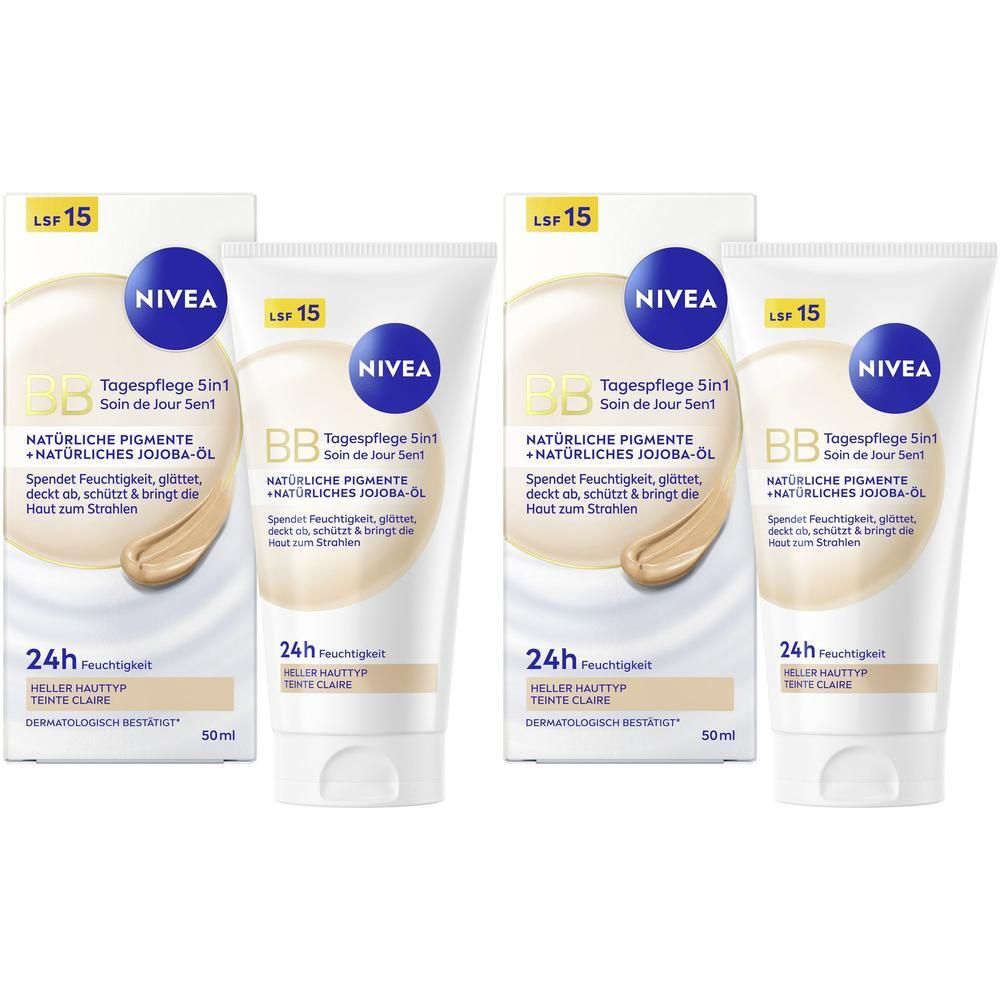 Zwei NIVEA BB Tagespflege Hell Tuben mit Kartonverpackung, LSF 15.