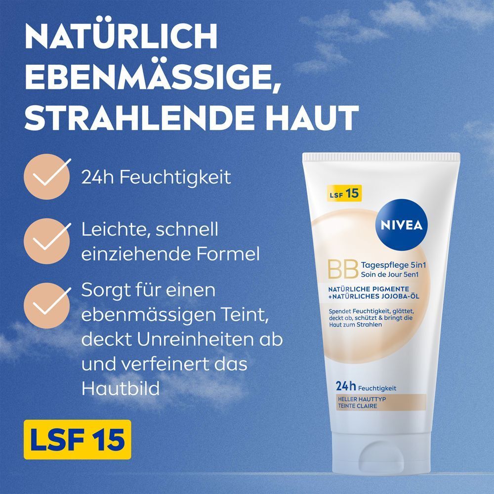 NIVEA BB Tagespflege Hell Tube mit LSF 15 und Text zu 24h Feuchtigkeit und leichter Formel.