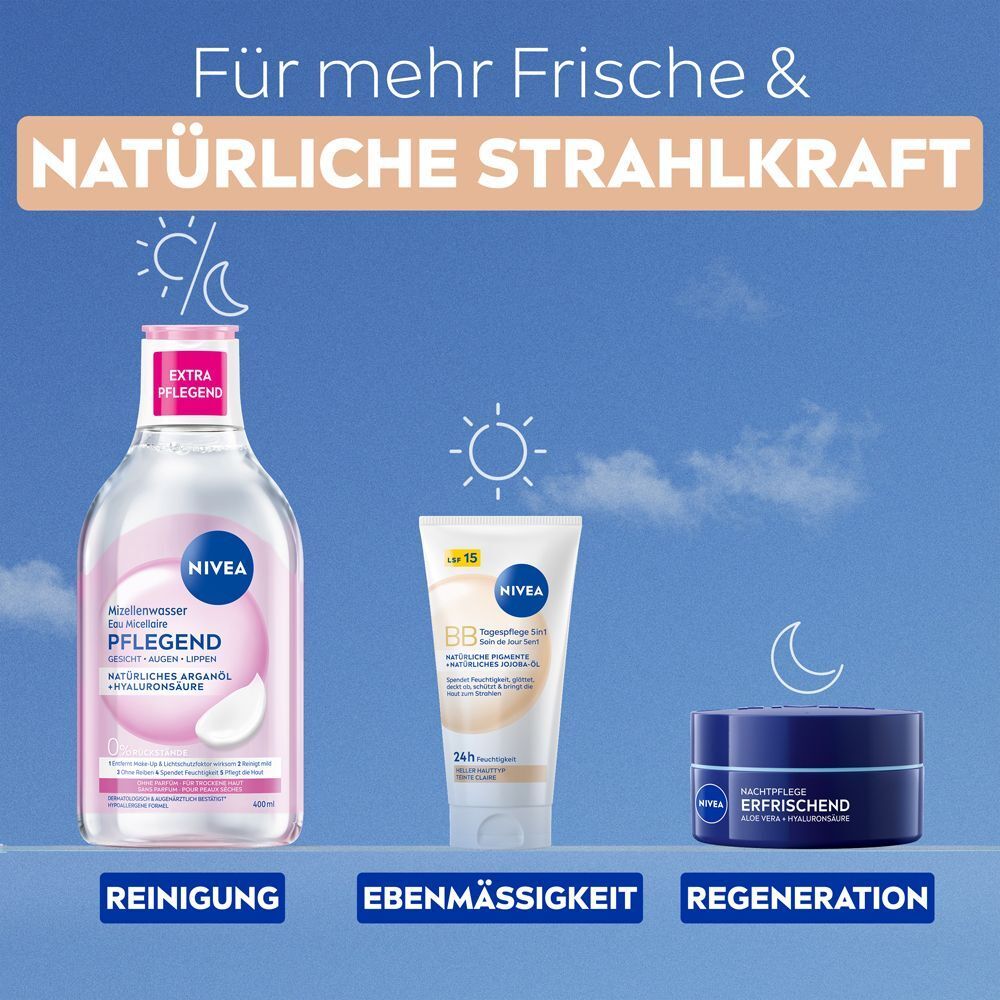 NIVEA Reinigung, BB Tagespflege und Nachtpflege für frische, strahlende Haut.