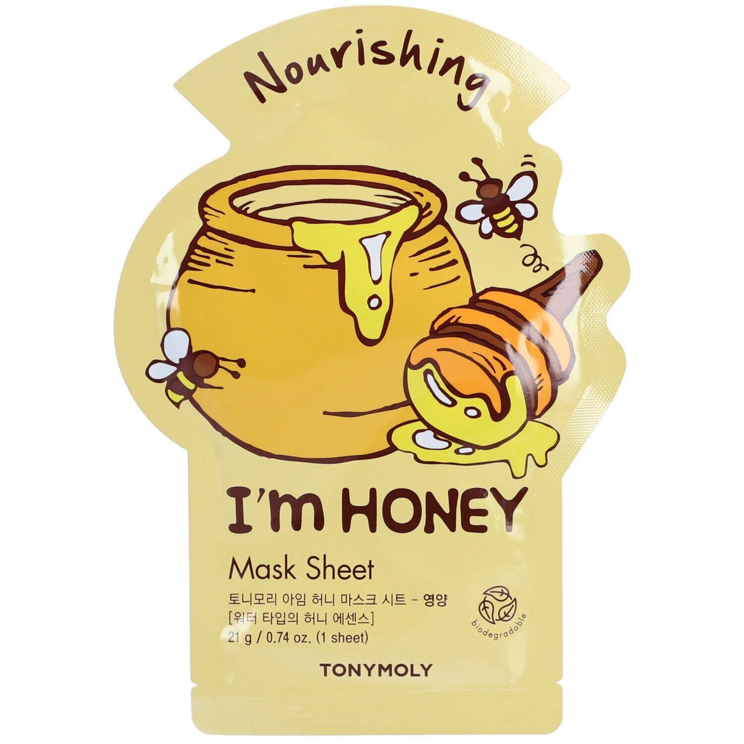 TONYMOLY I'm Honey Mask Sheet mit Honigtopf-Illustration und Bienen. 21g / 0,74 oz.