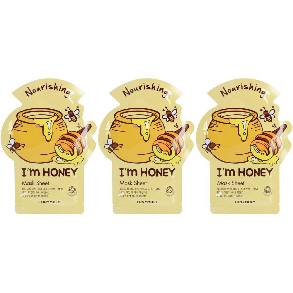 Drei Packungen TONYMOLY I'm Honey Mask Sheet mit Honigtopf-Illustration und Bienen.