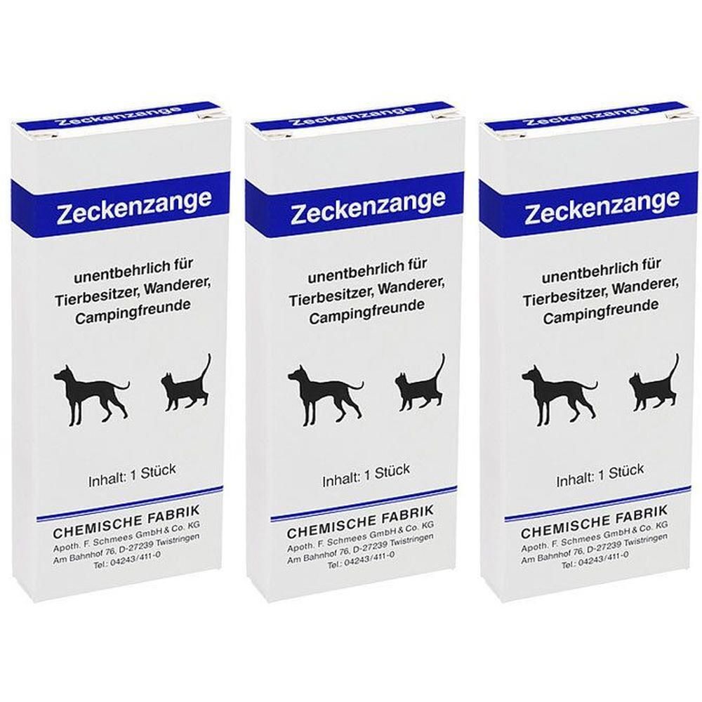 Drei Packungen Zeckenzange mit Abbildungen von Hund und Katze. Enthält 1 Stück.